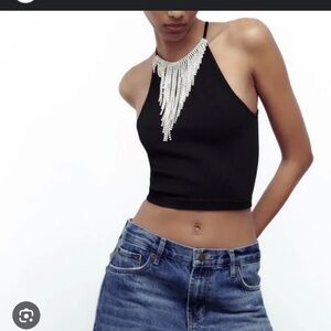 Zara Black Crop Top with Silver Beaded Neckline